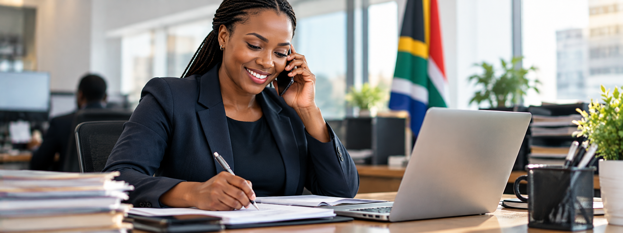South African professional discussing loan enquiries